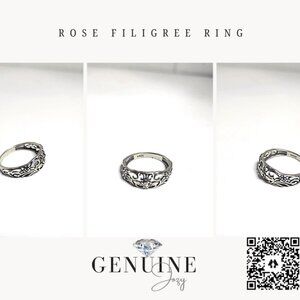 Dainty Vintage Rose Filigree Sterling Silver Ring